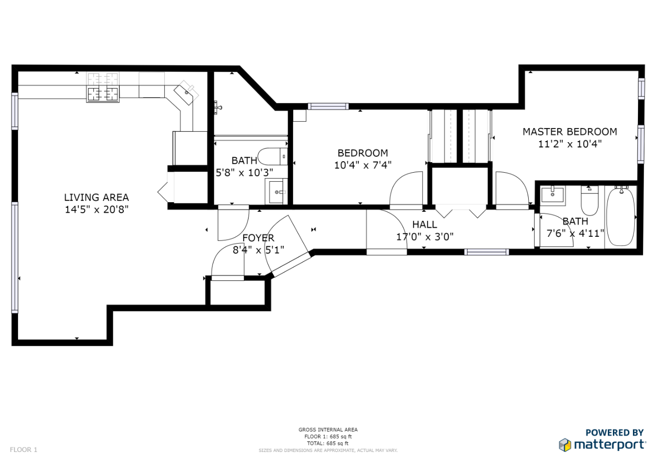 Floor plan for 2 beds, 1 bath, 750 sqft